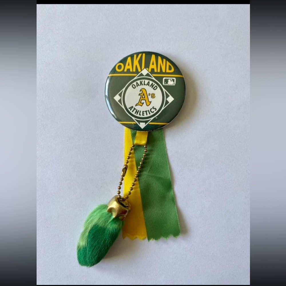 RARE Vintage 80s Oakland Athletics pinback button with lucky rabbits foot